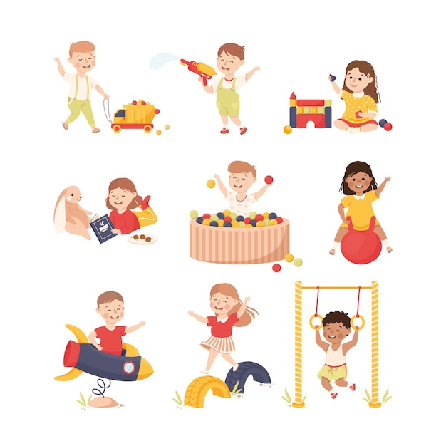 Vector smiling children playing and having fun bouncing on ball and pulling toy car vector set