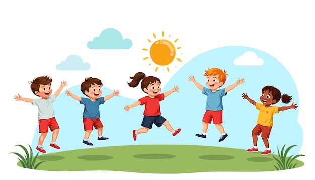 Vector smiling children running through a summer field