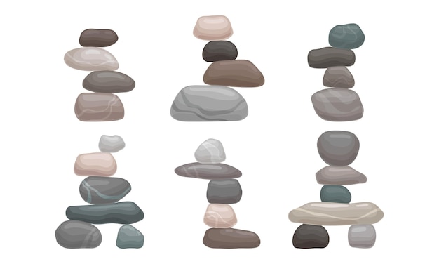 Vector smooth stones and pebbles balancing on each other creating tower vector set
