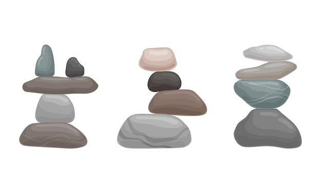 Vector smooth stones and pebbles balancing on each other creating tower vector set