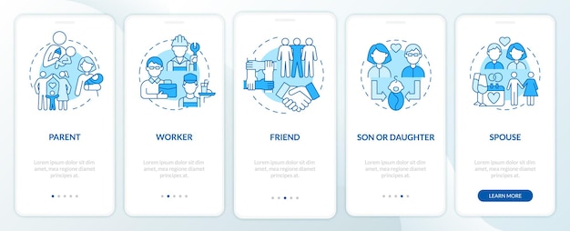 Vector social function example blue onboarding mobile app page screen. role in community walkthrough 4 steps graphic instructions with concepts. ui, ux, gui vector template with linear color illustrations