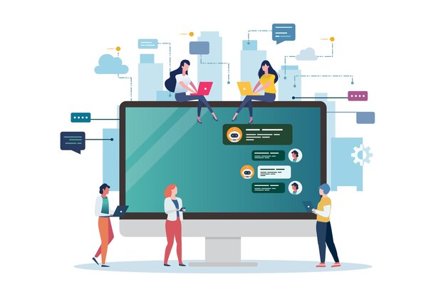 Vector social network web site surfing concept with computer screen global business concept