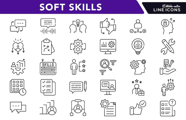 Vector soft skills linear icon set communication teamwork leadership problem solving time management icons