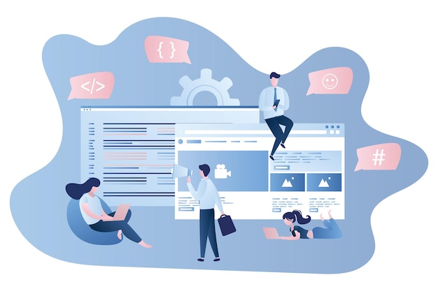 Vector software or app development frontend and backend programmers and business people vector