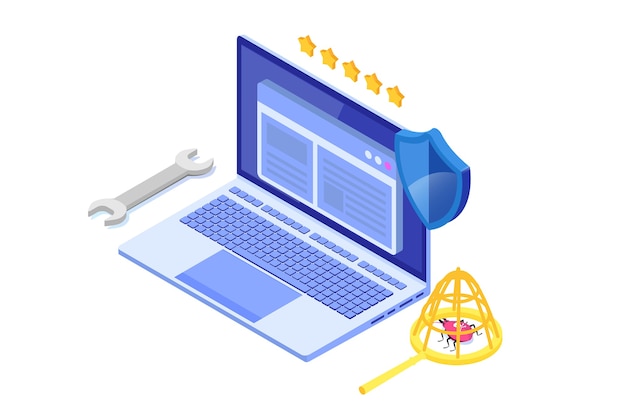 software or application testing  isometric  concept.  debugging development process. 