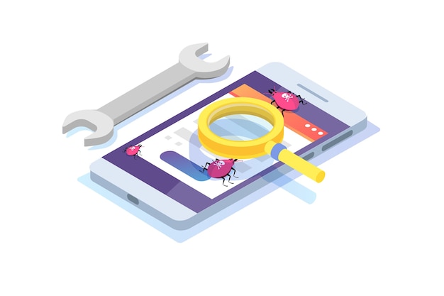 Vector software or application testing  isometric  concept.  debugging development process. 