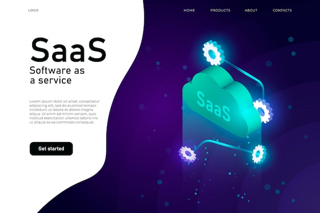 Vector software as a service saas program. it mainframe infrastructure website header. saas network website design layout, cloud computing service isometric