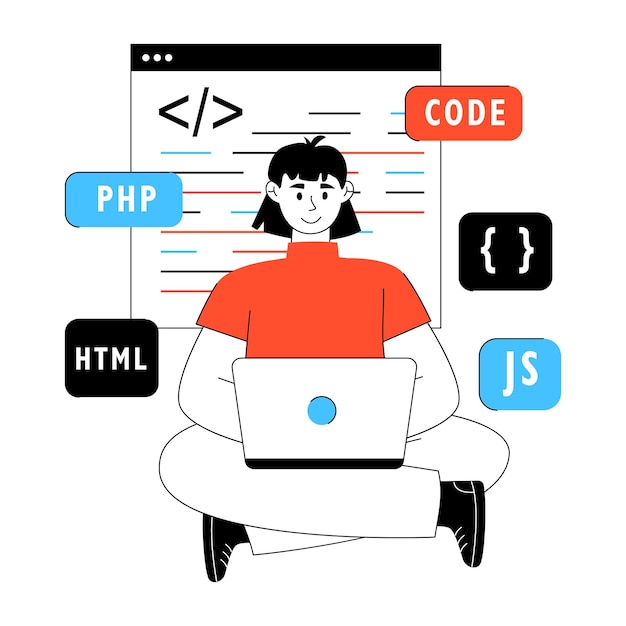 Vector software developer coding on laptop with web programming languages