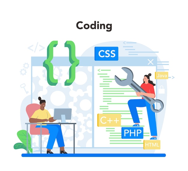 Vector software developer concept idea of programming and coding system development digital technology software developing company writing code isolated vector illustration