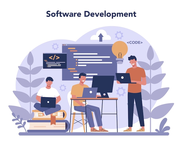 Vector software developer concept. idea of programming and coding, system development. digital technology. software developing company writing code.   