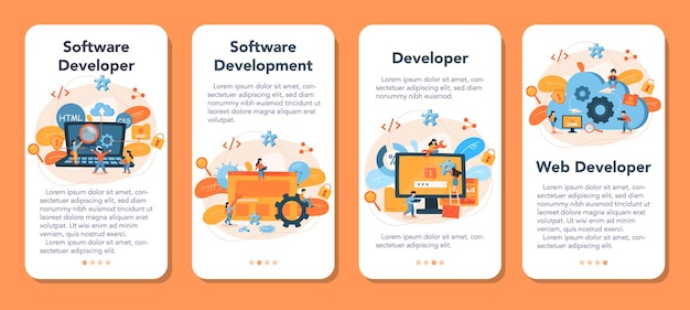 Vector software developer mobile application banner set. idea of programming and coding, system development. digital technology. software developing company writing code.