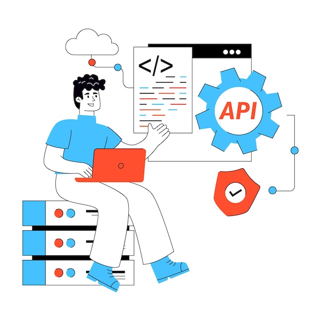 Vector software developer working on api integration and cloud security
