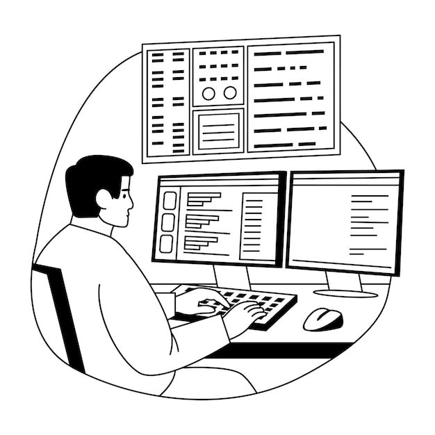 Vector software developer working on computer system at desk