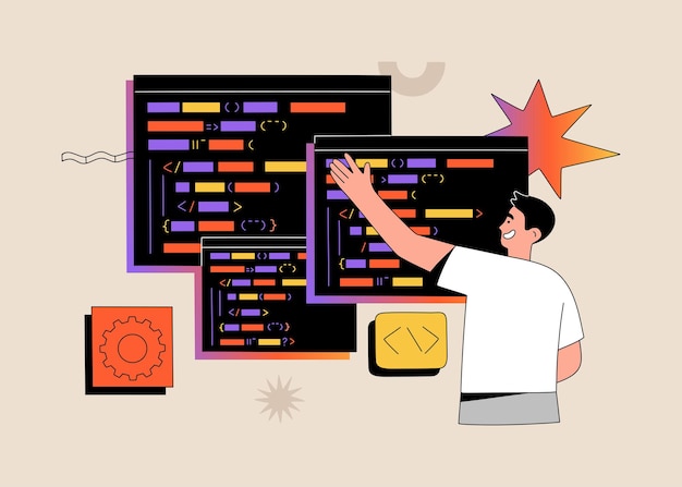 Vector software developer writes codes on special language on computer. concept of script coding and web engineering. hand drawn vector illustration isolated on light background. modern flat cartoon style.