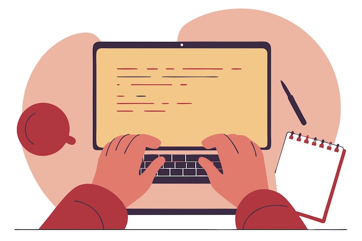 Software developer writing code on the laptop view from the top Programming concept