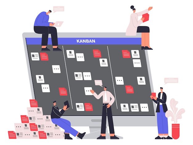 Vector software developers characters work with scrum task board. kanban board project management workflow vector illustration. software development work process