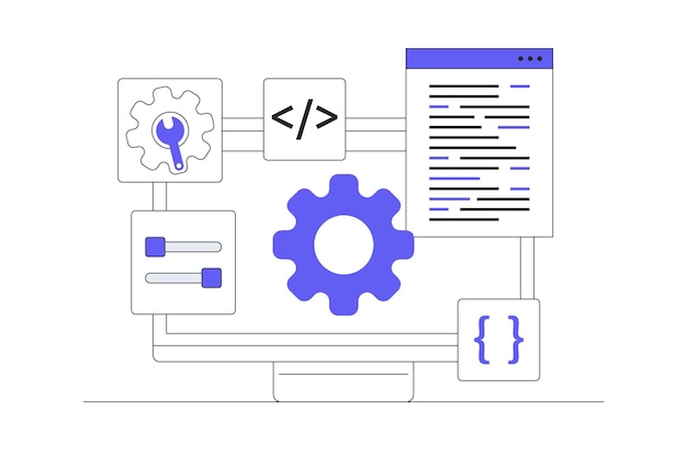 Vector software development coding and configuration of gears on a computer screen showing settings web