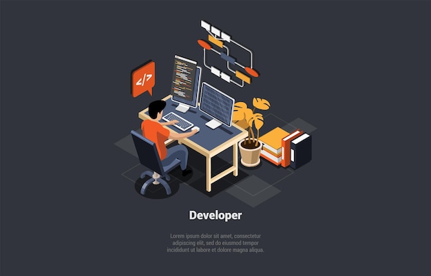 Vector software development coding process concept programer or web developer coding on computer screen with code script and open windows coder engineer at workplace isometric 3d vector illustration