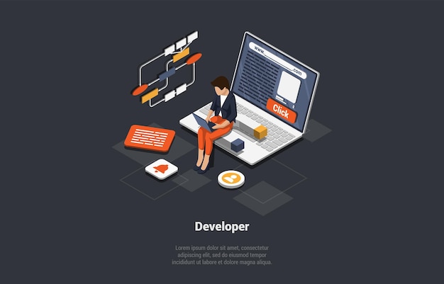 Vector software development coding process concept programmer or web developer working on laptop screen with code script and address bar coder engineer at workplace isometric 3d vector illustration