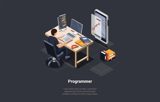 Vector software development coding process programmer or web developer coding app for trading on computer and smartphone screen with chart and script man coder engineer isometric 3d vector illustration