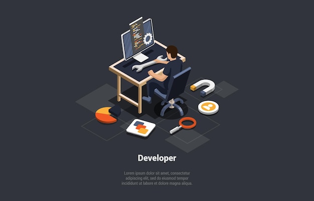 Vector software development coding process programmer or web developer working in front of computer screen with code script and open windows coder engineer at workplace isometric 3d vector illustration