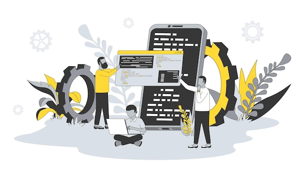 Vector software development concept in flat design with people men writing settings and testing code developing programs and applications in team vector illustration with character scene for web banner