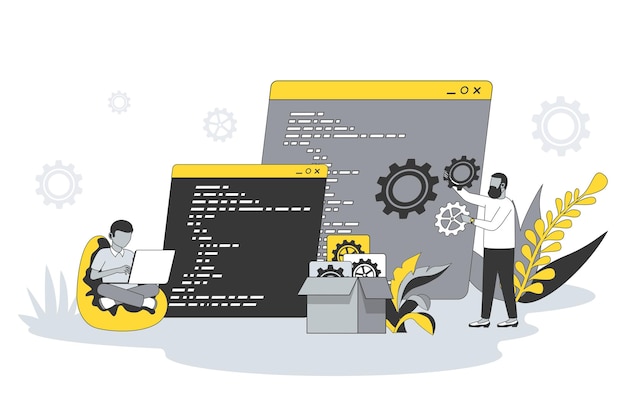Vector software development concept in flat line design people write code settings and testing developing