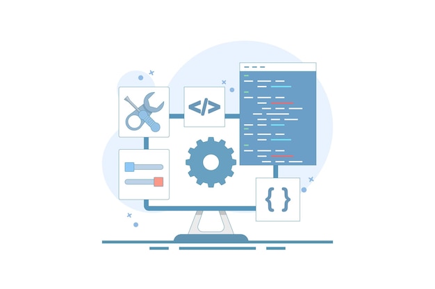 Vector software development concept with coding and configuration of gears on a computer screen