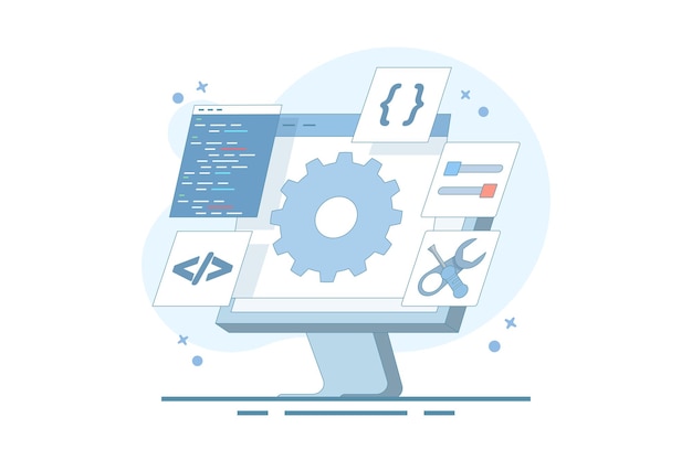 Vector software development concept with coding and configuration of gears on a computer screen