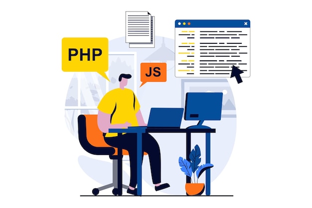 Vector software development concept with people scene in flat cartoon design man developer programming searching problems and fixing code working in it company vector illustration visual story for web