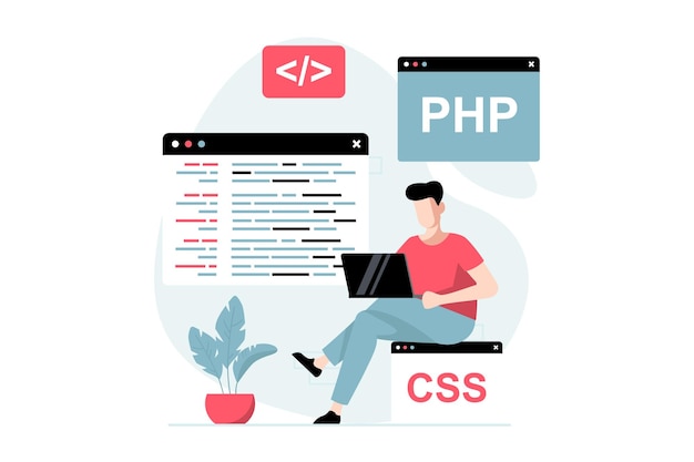 Vector software development concept with people scene in flat design man developer writing code using laptops creating programs software engineering vector illustration with character situation for web