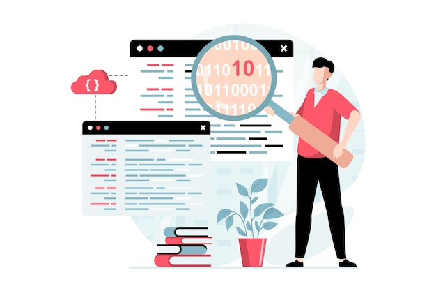 Vector software development concept with people scene in flat design man working as programmer searches and fixing code errors develops programs vector illustration with character situation for web