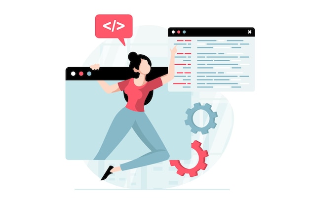 Vector software development concept with people scene in flat design woman programming and fixing code creating site layout and corrects problems vector illustration with character situation for web