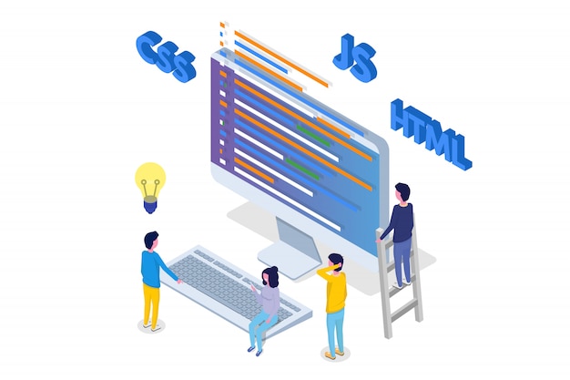 Vector software development isometric, programmer at work. big data processing. vector illustration.