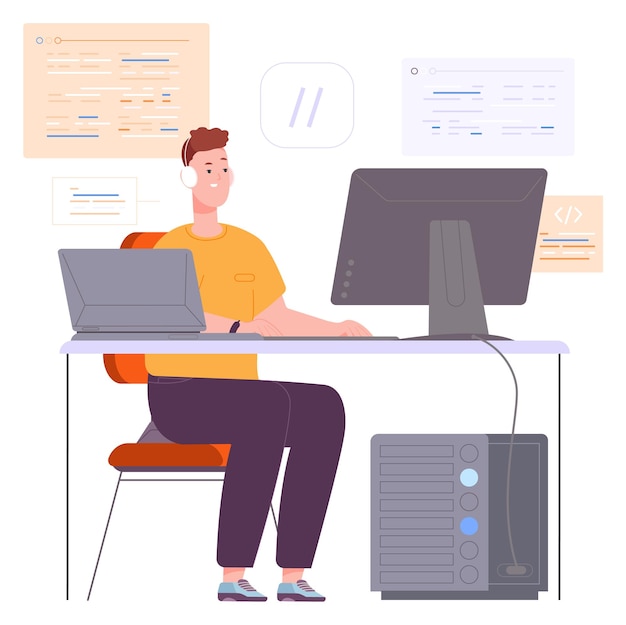 Vector software development process man working with script code