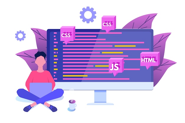 Vector software development, programmer at work. big data processing.