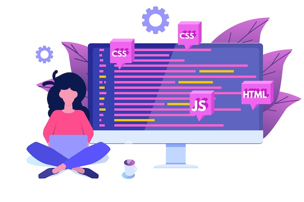 Vector software development, programmer at work. big data processing. .