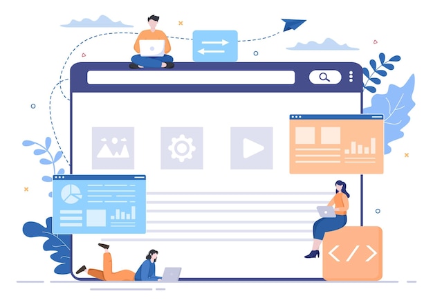 Vector software development and programming code on computer vector illustration for technology, engineer team, coding, marketing material, business and presentation