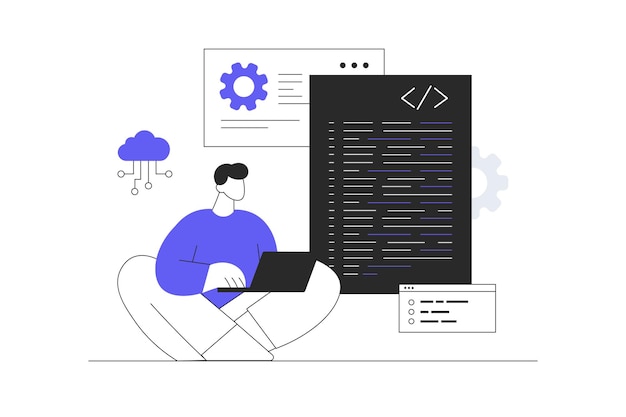 Vector software development programming coding programmer and it specialist at workplace with laptop web