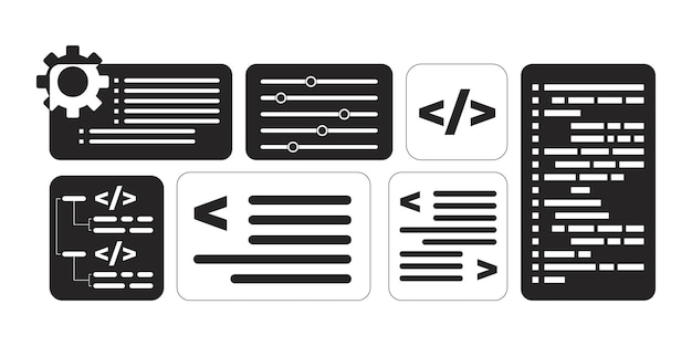 Vector software development programming interface black and white 2d line objects set