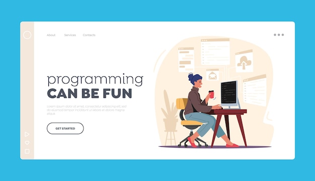 Vector software development, programming landing page template. woman programmer make site or web interface project. female character website designer, developer html coding.cartoon vector illustration