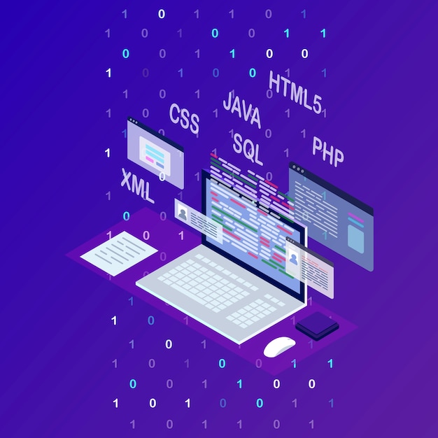 Vector software development, programming language, coding. digital technology. isometric laptop, computer