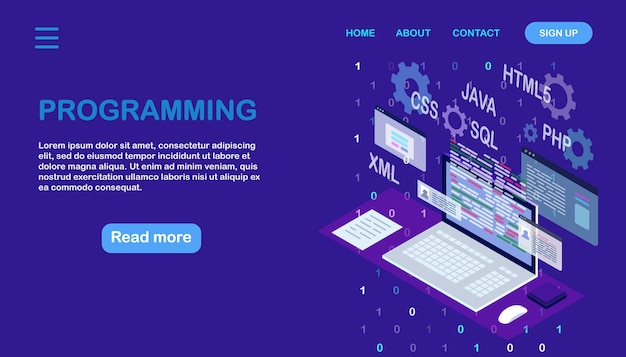 Vector software development, programming language, coding. digital technology. isometric laptop, computer