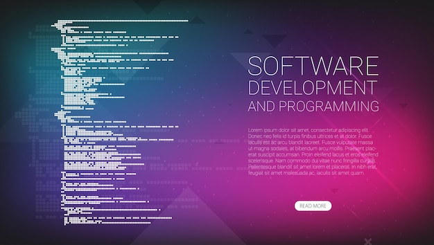 Vector software development and programming program code on laptop screen big data processing computing