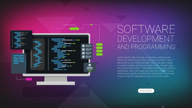 Vector software development and programming program code on laptop screen big data processing computing