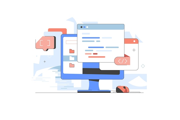 Vector software development and programming website computer code with window interface it technologies