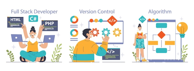 Vector software development set coding backend and frontend engineering or programming software script and