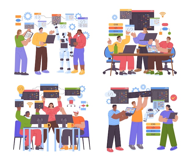 Vector software development team collaborating on coding projects