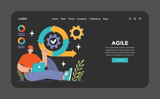 Vector software development web banner or landing page dark or night mode coding backend and frontend