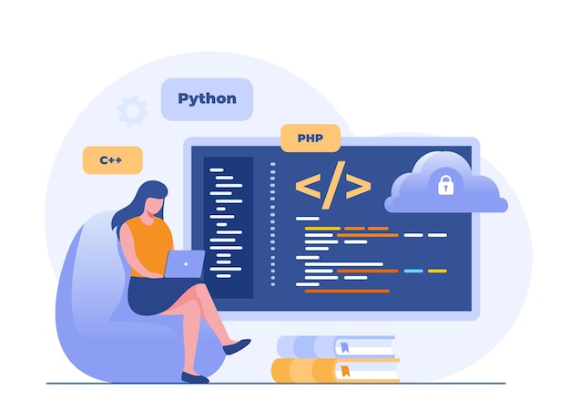 Vector software development web programming languages css html it ui programmer cartoon character developing website coding flat illustration banner